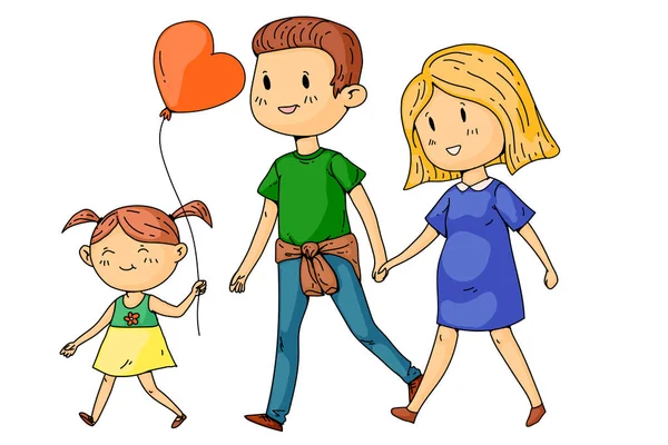 Cartoon familie met zwangere vrouw en kleine kinderen. — Stockvector