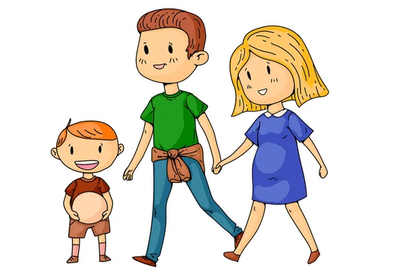 Hamile kadın ve küçük çocuklar ile Karikatür aile.