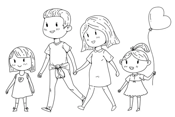 Kreslená rodina s těhotnou ženou a malými dětmi. — Stockový vektor