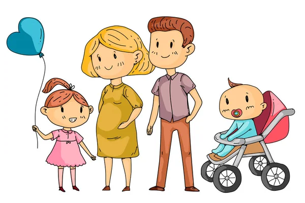 Μητέρα και πατέρας με μικρά παιδιά. Ευτυχισμένη οικογένεια. Έγκυος γυναίκα. — Διανυσματικό Αρχείο