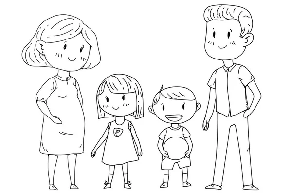 Madre y padre con niños pequeños. Familia feliz. Mujer embarazada. . — Vector de stock