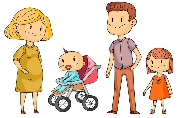 Madre y padre con niños pequeños. Familia feliz. Mujer embarazada. . — Vector de stock