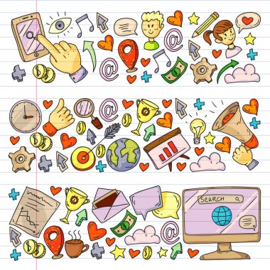 Dijital pazarlama, sosyal medya, iletişim, yönetim. Arka plan afiş için.