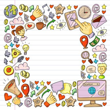 Dijital pazarlama, sosyal medya, iletişim, yönetim. Arka plan afiş için.