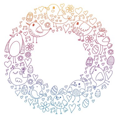 Desen çocuk kumaş, tekstil, kreş duvar kağıdı. Vektör Illustration. Küçük çocuklar için el çizilmiş şarkı kuşlar ve çiçekler.