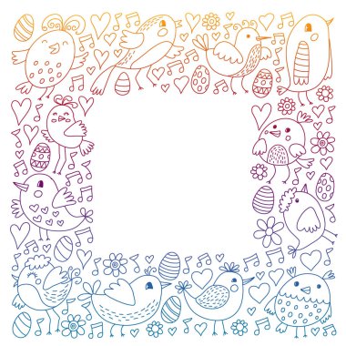 Desen çocuk kumaş, tekstil, kreş duvar kağıdı. Vektör Illustration. Küçük çocuklar için el çizilmiş şarkı kuşlar ve çiçekler.