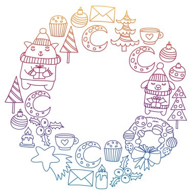 Hediyeler, Sevimli karikatür hayvanlar ile kağıt sarma için kış Noel vektör deseni. Yeni yıl kutlama.