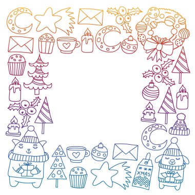 Hediyeler, Sevimli karikatür hayvanlar ile kağıt sarma için kış Noel vektör deseni. Yeni yıl kutlama.