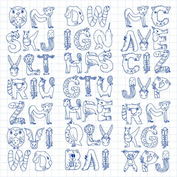 Alphabet animal. Lettres de A à Z. Flamant rose, girafe, cheval, alligator, ours, chat, chien, éléphant — Image vectorielle
