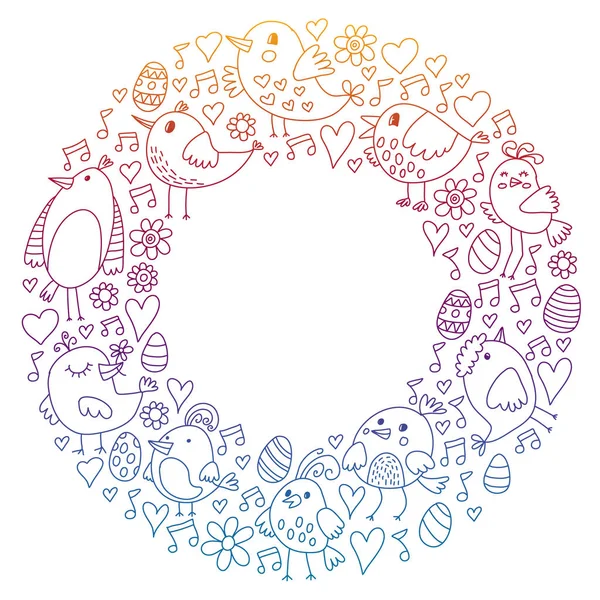 Desen çocuk kumaş, tekstil, kreş duvar kağıdı. Vektör Illustration. Küçük çocuklar için el çizilmiş şarkı kuşlar ve çiçekler.