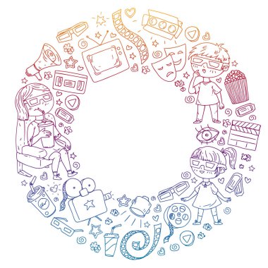 Sinema, televizyon, patlamış mısır ve video kliplerin ikonlarıyla vektör deseni. Anaokulu ve okul çocukları film izliyor..