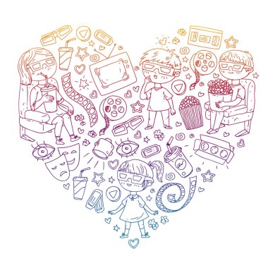 Sinema, televizyon, patlamış mısır ve video kliplerin ikonlarıyla vektör deseni. Anaokulu ve okul çocukları film izliyor..