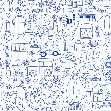 Çocuk oyuncakları ile vektör deseni. Robot, roket, at, bebek