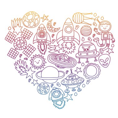 Boşluk simgeleri, gezegenler, uzay gemisi, yıldızlar, kuyruklu yıldızları, roketler, uzay mekiği, uçan daire ile vektör deseni.