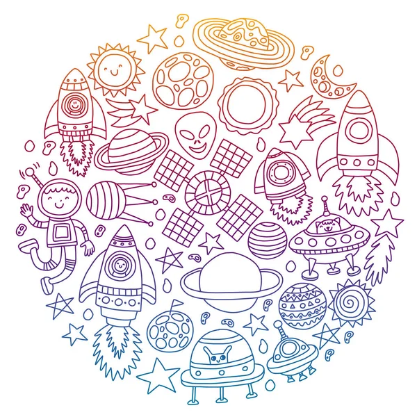 Vector pattern with space icons, planets, spaceships, stars, comets, rockets, space shuttle, flying saucers. — Stock Vector