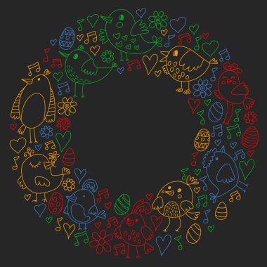 Desen çocuk kumaş, tekstil, kreş duvar kağıdı. Vektör Illustration. Küçük çocuklar için el çizilmiş şarkı kuşlar ve çiçekler.