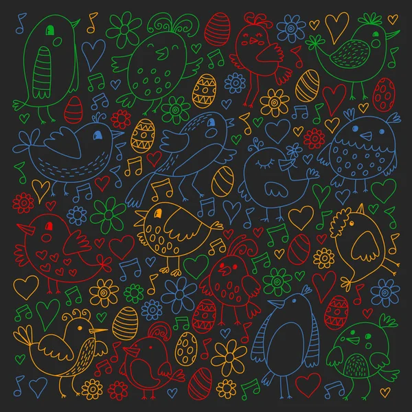 Patrón de tela para niños, textil, papel pintado de vivero. Ilustración vectorial. Pájaros cantores y flores dibujados a mano para niños pequeños . — Vector de stock