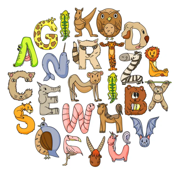 Zvířecí abeceda. Dopisy od A do Z. Flamingo, žiraffa, kůň, aligátor, medvěd, kočka, pes, slon — Stockový vektor