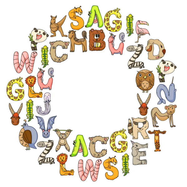 Tierbuchstaben. Buchstaben von a bis z. Flamingo, Giraffe, Pferd, Alligator, Bär, Katze, Hund, Elefant — Stockvektor