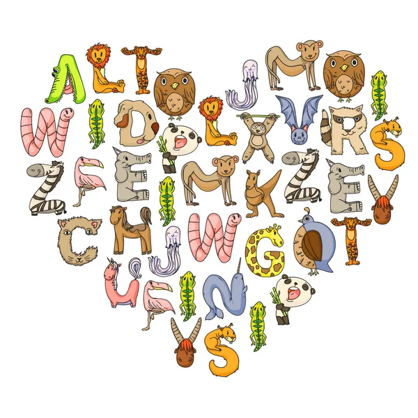 Zvířecí abeceda. Dopisy od A do Z. Flamingo, žiraffa, kůň, aligátor, medvěd, kočka, pes, slon — Stockový vektor