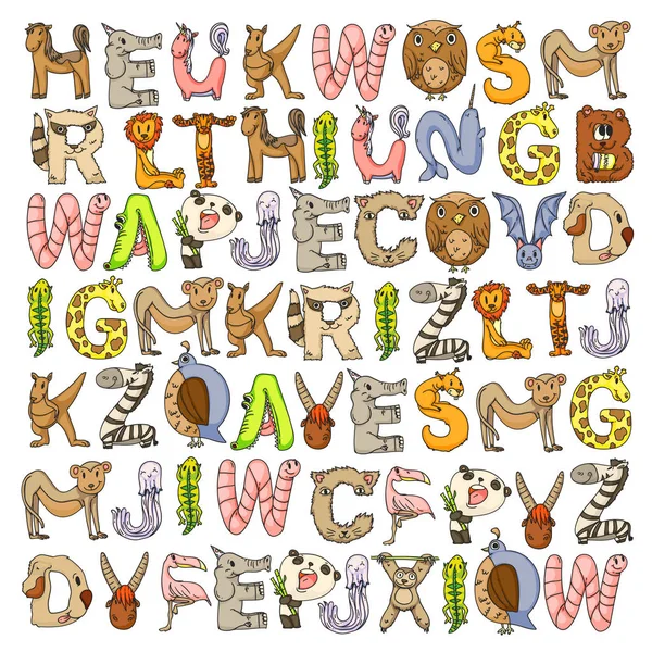 動物のアルファベット。AからZ.フラミンゴへの手紙、キリン、馬、ワニ、クマ、猫、犬、象 — ストックベクタ