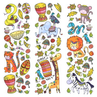 Etnik desen çocuk kumaş, tekstil, kreş duvar kağıdı. Vektör illüstrasyon. Afrika hayvanları, küçük çocuklar için kabile öğeleri, çocuklar.