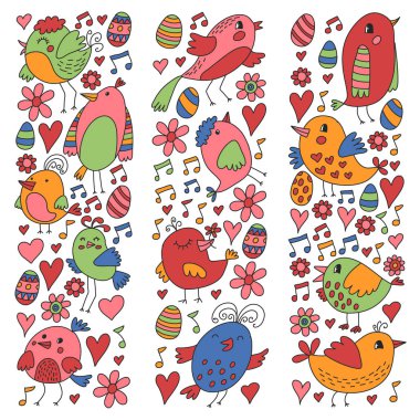 Desen çocuk kumaş, tekstil, kreş duvar kağıdı. Vektör Illustration. Küçük çocuklar için el çizilmiş şarkı kuşlar ve çiçekler.