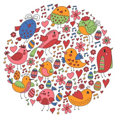 Desen çocuk kumaş, tekstil, kreş duvar kağıdı. Vektör Illustration. Küçük çocuklar için el çizilmiş şarkı kuşlar ve çiçekler.