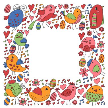 Desen çocuk kumaş, tekstil, kreş duvar kağıdı. Vektör Illustration. Küçük çocuklar için el çizilmiş şarkı kuşlar ve çiçekler.