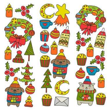 Hediyeler, Sevimli karikatür hayvanlar ile kağıt sarma için kış Noel vektör deseni. Yeni yıl kutlama.