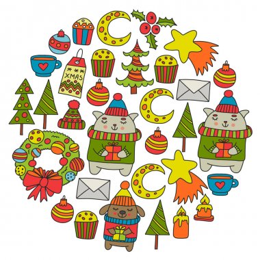 Hediyeler, Sevimli karikatür hayvanlar ile kağıt sarma için kış Noel vektör deseni. Yeni yıl kutlama.