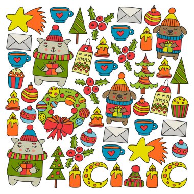 Hediyeler, Sevimli karikatür hayvanlar ile kağıt sarma için kış Noel vektör deseni. Yeni yıl kutlama.