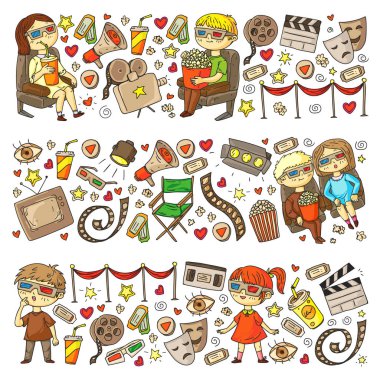 Sinema, televizyon, patlamış mısır ve video kliplerin ikonlarıyla vektör deseni. Anaokulu ve okul çocukları film izliyor..