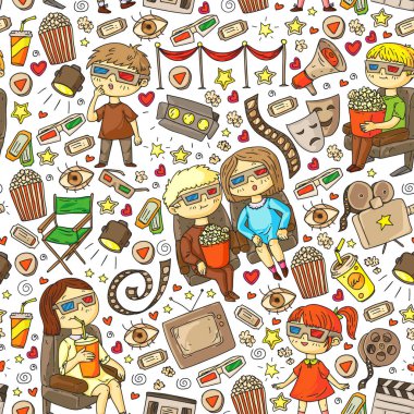 Sinema, televizyon, patlamış mısır ve video kliplerin ikonlarıyla vektör deseni. Anaokulu ve okul çocukları film izliyor..