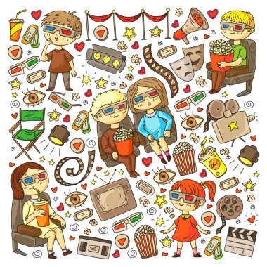 Sinema, televizyon, patlamış mısır ve video kliplerin ikonlarıyla vektör deseni. Anaokulu ve okul çocukları film izliyor..