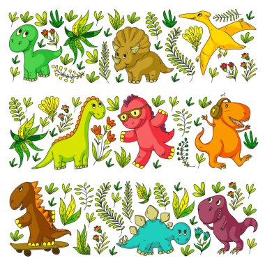 Desen çocuk kumaş, tekstil, kreş duvar kağıdı. Vektör illüstrasyon. El çizilmiş dinozorlar, küçük çocuklar için dino.