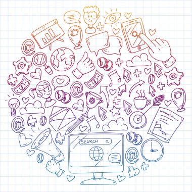Dijital pazarlama, sosyal medya, iletişim, yönetim. Arka plan afiş için.