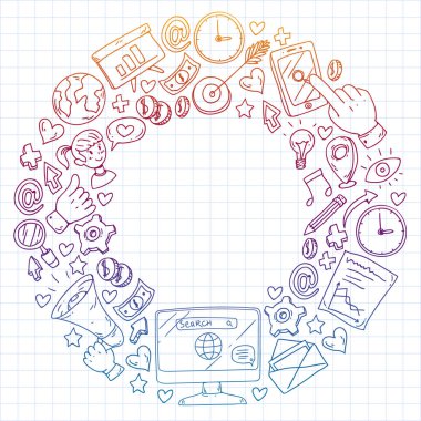 Dijital pazarlama, sosyal medya, iletişim, yönetim. Arka plan afiş için.