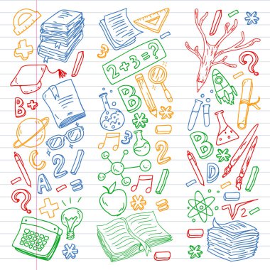 Okul, üniversite, üniversite, anaokulu desen vektör öğeleri ve simgeler. Yaratıcılık ve hayal gücü.