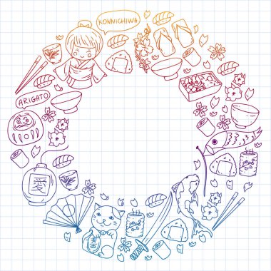 Japonya. Japon geleneksel öğeleri ile vektör desen. Fuji Dağı, sacura çiçekler, origami.