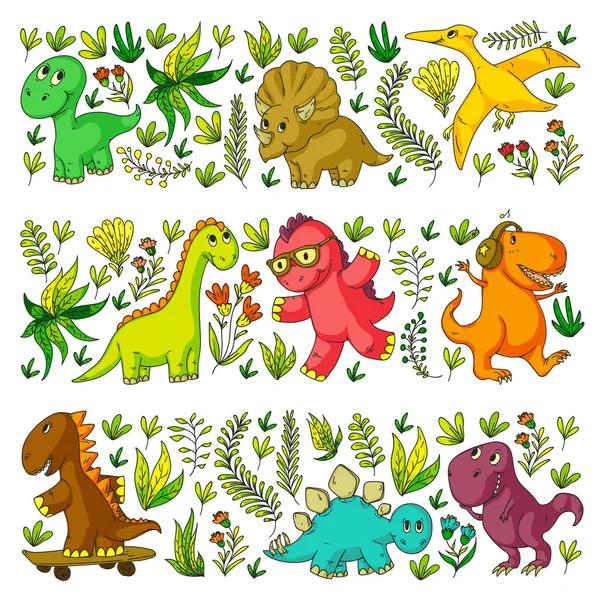 Patrón de tela para niños, textil, papel pintado de vivero. Ilustración vectorial. Dinosaurios dibujados a mano, dino para niños pequeños . — Vector de stock