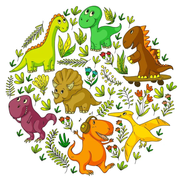 Muster Kinder Stoff, Textil, Kinderzimmer Tapete. Vektorillustration. Handgezeichnete Dinosaurier, Dinos für kleine Kinder. — Stockvektor