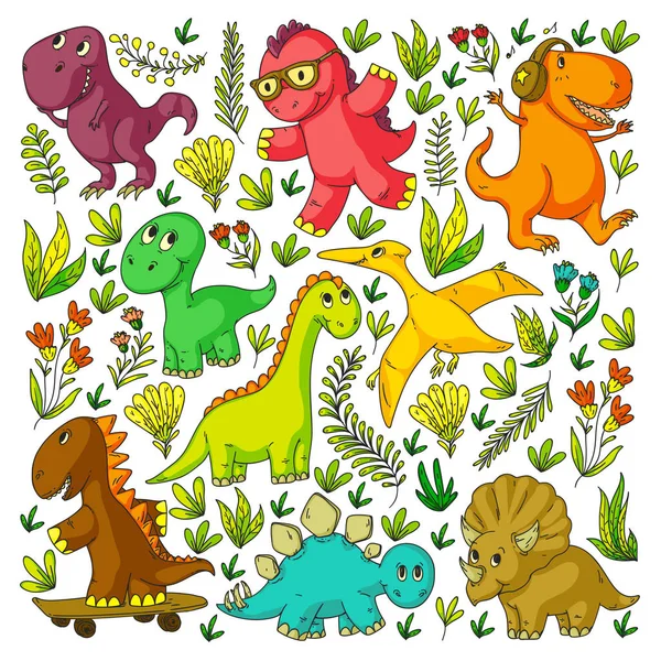 Patrón de tela para niños, textil, papel pintado de vivero. Ilustración vectorial. Dinosaurios dibujados a mano, dino para niños pequeños . — Archivo Imágenes Vectoriales