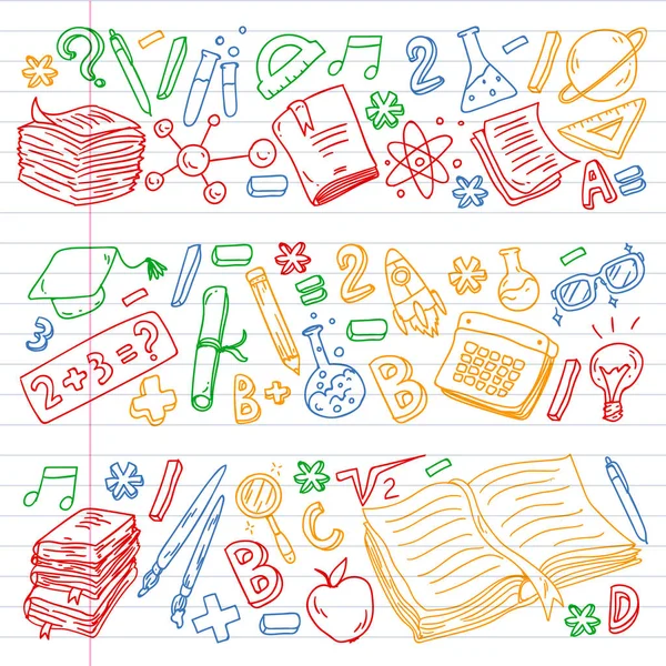 School, college, university, kindergarten pattern with vector elements and icons. Creativity and imagination. — Stock Vector