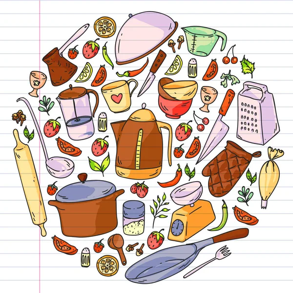 Aula de culinária. Utensílios de cozinha, utensílios. Ícones de comida e cozinha . — Vetor de Stock