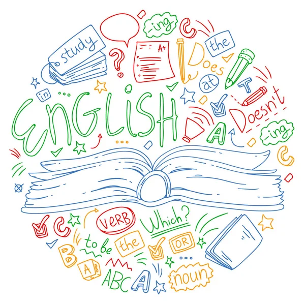 성인, 아이 들을 위한 언어 학교입니다. 영어 과정, 클래스. — 스톡 벡터