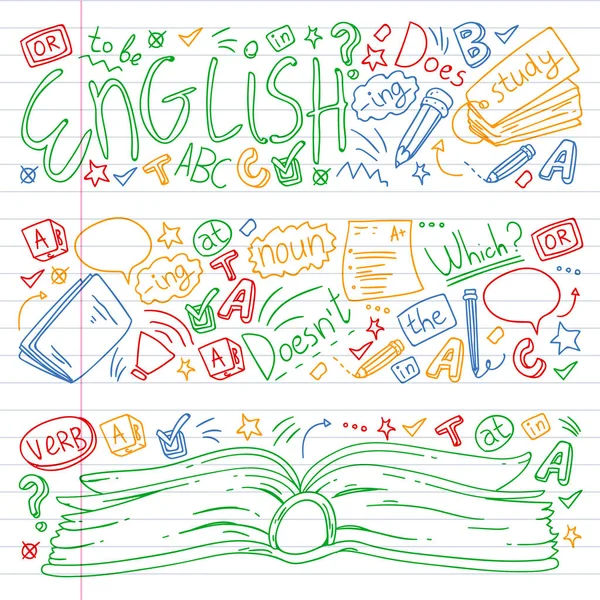 Escola de línguas para adultos, crianças. Cursos de inglês, aula . —  Vetores de Stock