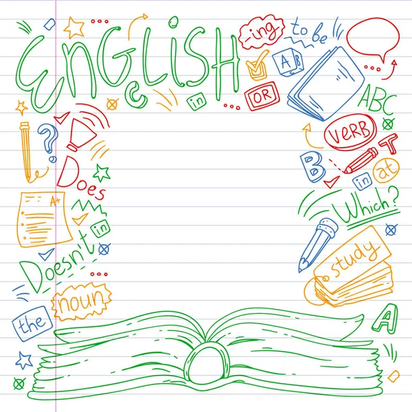 Dil Okulu yetişkin, çocuklar için. İngilizce kursları, sınıf. — Stok Vektör