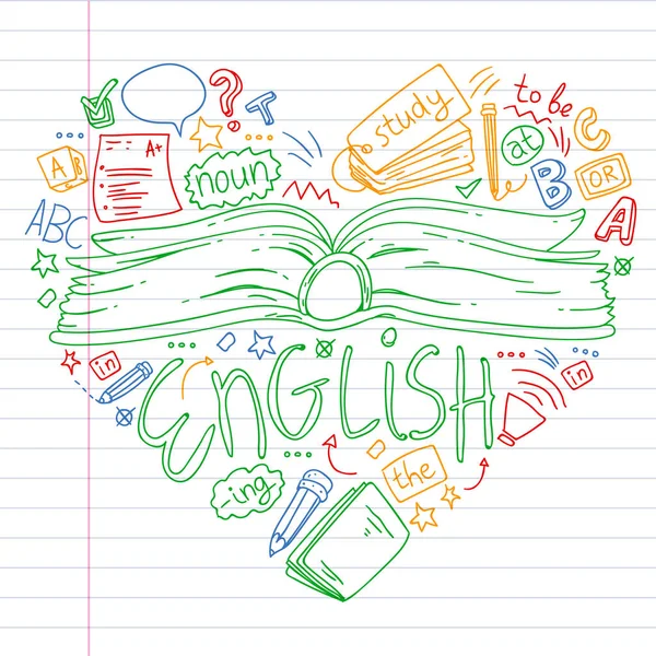 Escola de línguas para adultos, crianças. Cursos de inglês, aula . — Vetor de Stock