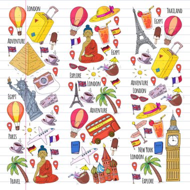 Seyahat simgeleriyle vektör deseni. Harika tatiller, tatiller. Sıcak hava balonu, bavul. Maceralar ve seyahat.